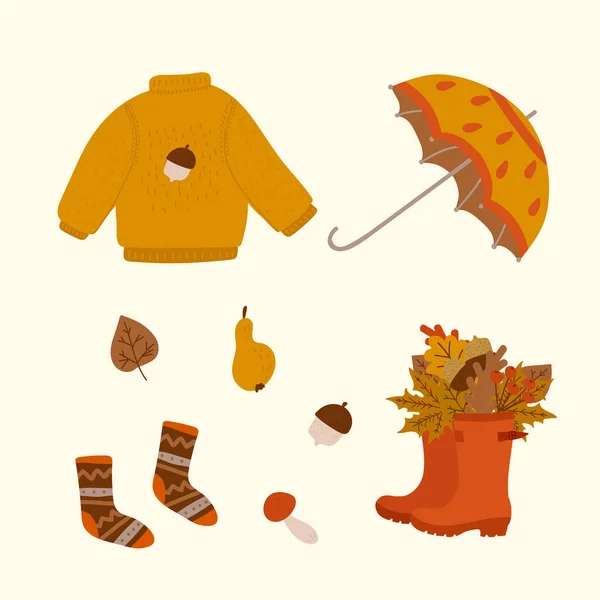 Sada Podzimních Prvků Vektorová Sbírka Ilustrací Oblečením Botami Ponožkami Deštníkem — Stockový vektor
