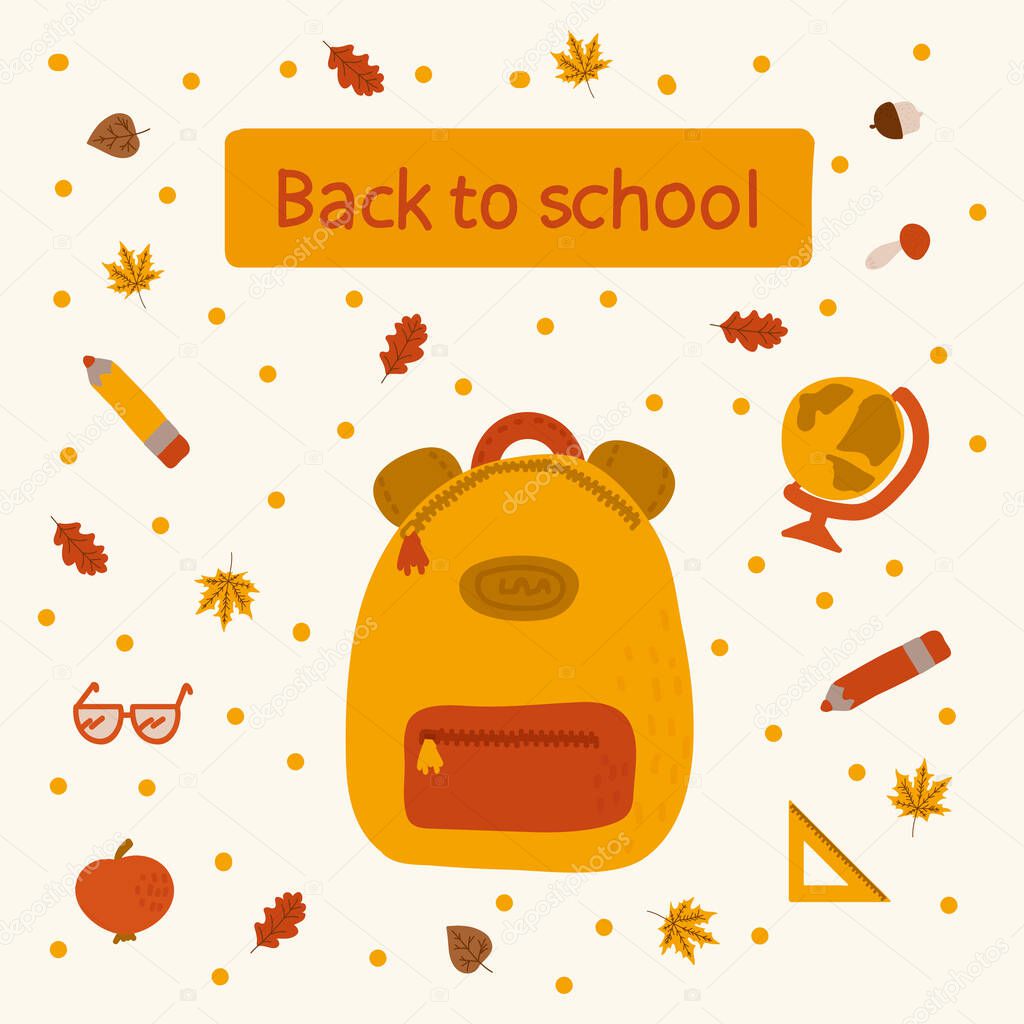 Autumn poster for back to school. The concept of a poster for a schoolboy with a backpack. Doodle postcard, autumn foliage, ruler, globe, pencils. Vector illustration