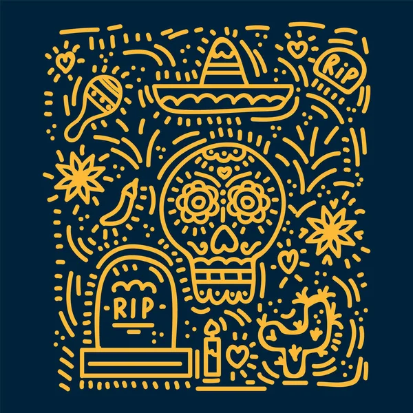 死者の日、はがきの背景。頭蓋骨、花、メキシコのハロウィンのお祝いのためのパターンで挨拶パターン。カラフルなベクトルドアのイラスト. — ストックベクタ