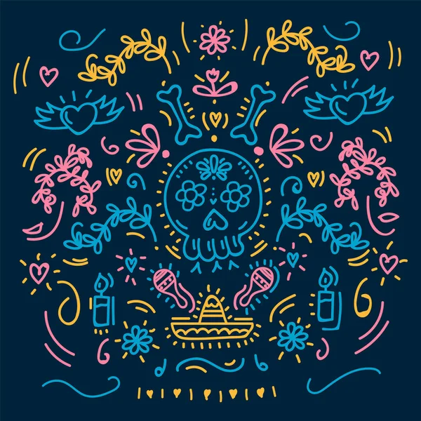 Day of the Dead beautiful pattern greeting card. Background with skull on dark for Halloween greetings in Mexico. Vector childrens illustration of a doodle background with bones. - Stok Vektor