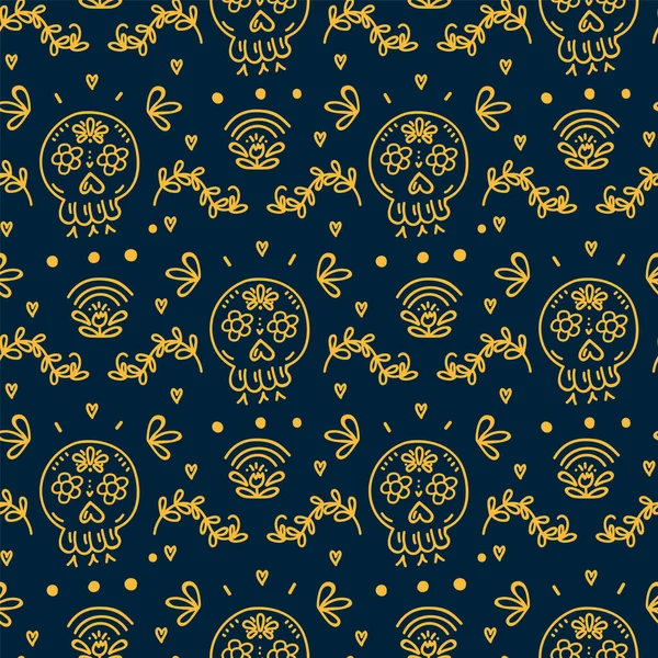 Cute day of the dead background. On a dark skull pattern for Halloween textiles in Mexico. Vector childrens illustration of doodles with bones. — Stockvektor