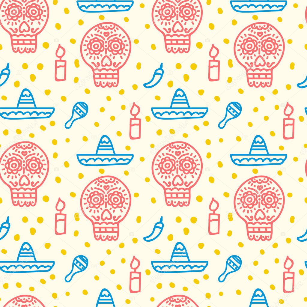 The Day of the Dead pattern. Cute pattern with skull, flowers, for Halloween textiles in Mexico. Vector childrens doodle illustration.