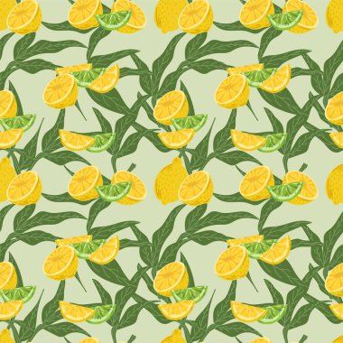 Yeşil arka planda turunçgillerin vektör deseni. Lokanta menüsünün yaz tasarımı için limonlu sulu limon.