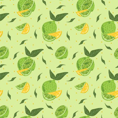 Modern narenciye deseni. Tekstil için limonlu ve limonlu vektör geçmişi. Sarı ve yeşil meyveli şirin desen.