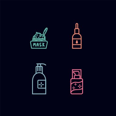 Yüz bakımı için makyaj aletleri olan simgeler. Bakım kozmetikleri, krem tüpleri, maskeler, merhemler. Spa salonundaki gibi başının çaresine bakmak için doğrusal simgeler.