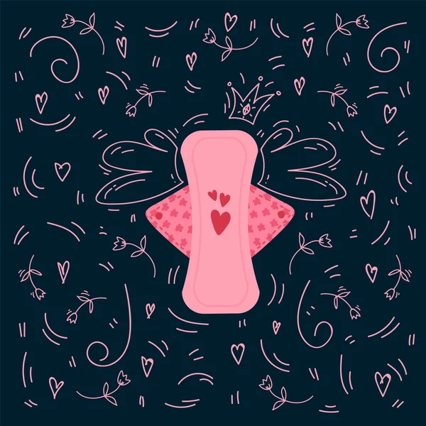 Poster menstruace ženské menstruace. Pozadí ženské hygieny a produktů péče v kruhu doodle ilustrací. Feministický menstruační vzorec je ženská ilustrace. — Stockový vektor