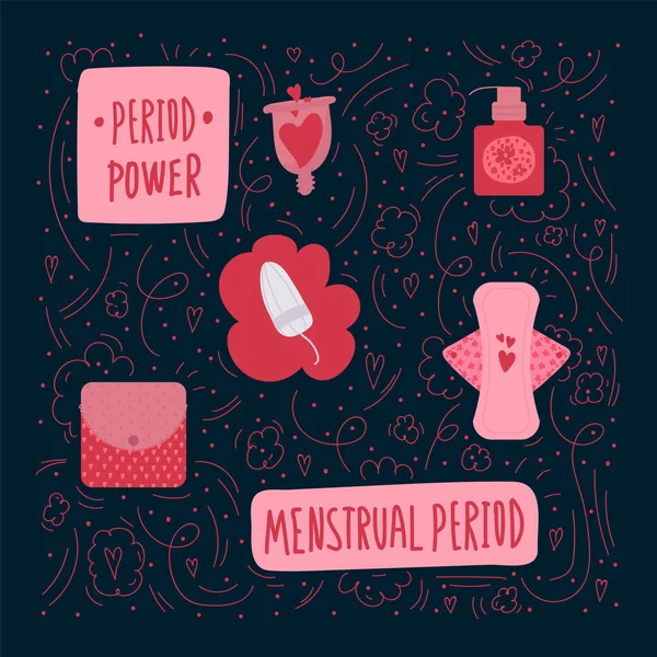 Hygiene of the menstrual period. A beautiful feminist menstrual set. Vector poster with elements of hygiene products tampons pads, menstrual cup. — Stock Vector