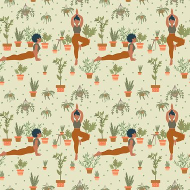 Hamile bir kadın doğum öncesi yogaya başlamış. Hamilelik boyunca sağlık ve rahatlama kavramı. Vektör illüstrasyonu, kadınlar açık hava sporlarıyla meşgul..