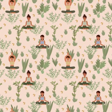 Yoga kalıbı. İnsanlar yoga yapıyor ve tekstil için pilates yapıyor. Rahatlama ve sağlık için düz bir şekilde şirin vektör illüstrasyonu.