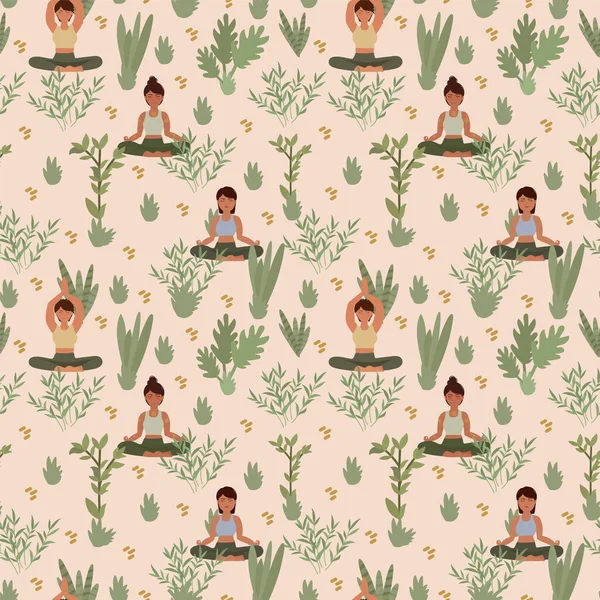 Yoga kalıbı. İnsanlar yoga yapıyor ve tekstil için pilates yapıyor. Rahatlama ve sağlık için düz bir şekilde şirin vektör illüstrasyonu.