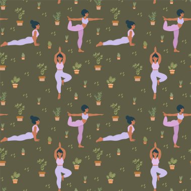 Yoga pozu veren bir kızla. Yoga ve kadınlar için pilates. Tekstil için harika bir arka plan. - Evet. Vektör illüstrasyonu