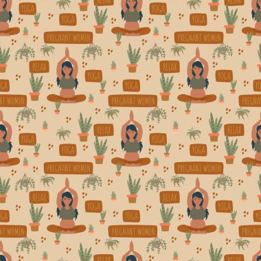 Hamile kadınlar ve kadınlar için yazılı Yoga deseni. Harflerle ve doğadaki kızlarla güzel tekstil geçmişi var..