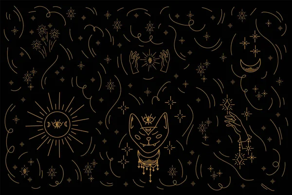 Fond de Noël avec des corps célestes. Des objets festifs et mystiques dorés en un clin d'œil aux étoiles. Modèle pour Noël et Nouvel An pour les textiles. — Image vectorielle