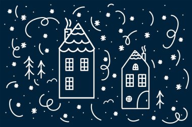 Karlı kar taneleri çemberinde kar evleri olan yeni yıl çizimleri. Kar çemberindeki kışın Noel sahnesi. Noel ve Yeni Yıl için bir poster.