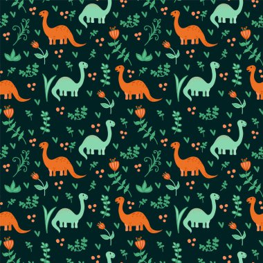 Tropik bölgelerdeki dinozorların bir örneği. Arka plan için doğadaki karakterler. Tekstil için vahşi hayvanlar çizgi filmi. Dinozorun karalaması.