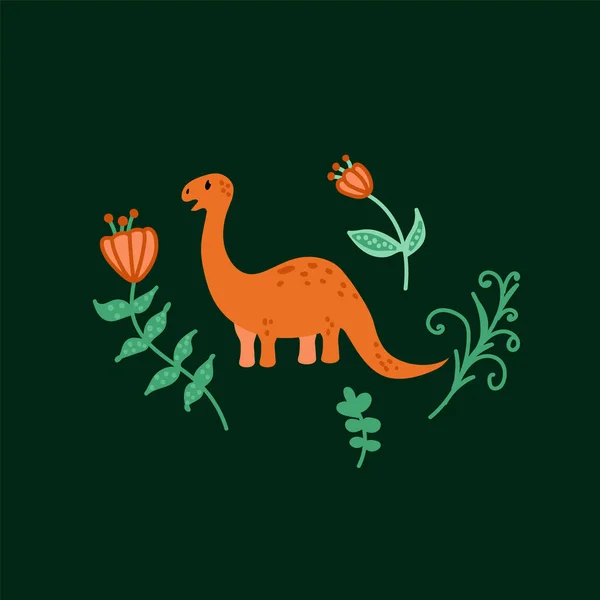 Ilustração com um dinossauro. Um personagem na natureza entre os trópicos para o design do cartaz. Um animal de desenhos animados em um doodle. — Vetor de Stock