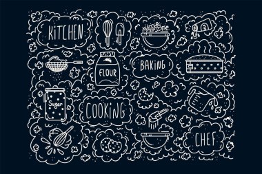 Tatlı yapmak için arka plan. Mutfak tekstil ürünleri için doğrusal vektör çizim arkaplanı harfleri ve fırın malzemeleri ile illüstrasyon.