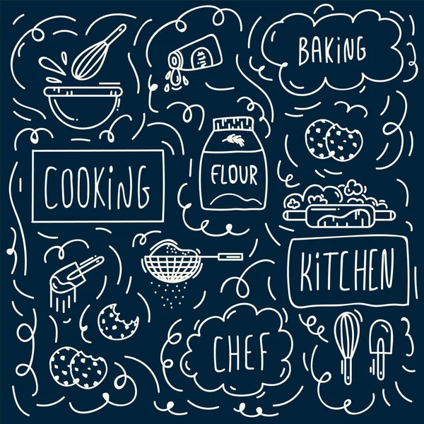 Háttér Cukrászati termékek és összetevők sütése. A minta konyhai textíliák főzés, konyhai eszközök és élelmiszerek. — Stock Vector