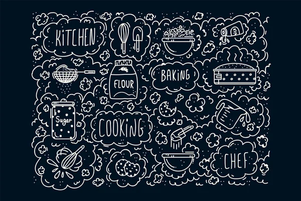 Contexto para fazer sobremesa. Ilustração com letras e ingredientes de cozimento Fundo de doodle vetorial linear para têxteis de cozinha. — Vetor de Stock