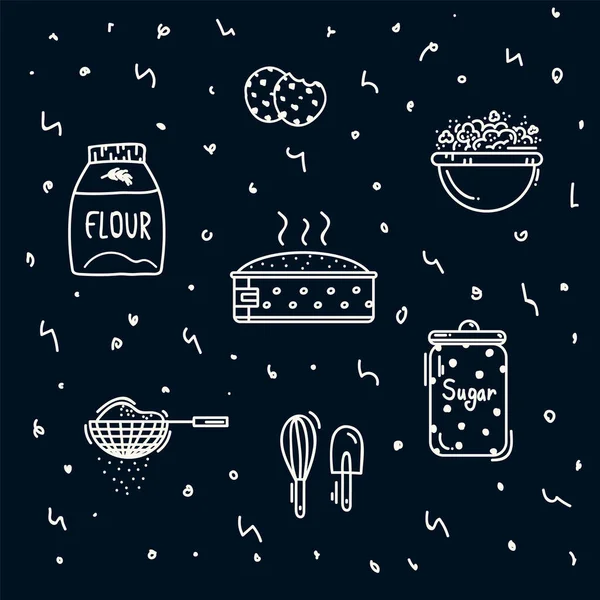 Um padrão com ingredientes para assar biscoitos e muffins. Ilustração para têxteis ou texturas com taças e ingredientes para alimentos. Cartaz de doodle vetorial linear. — Vetor de Stock