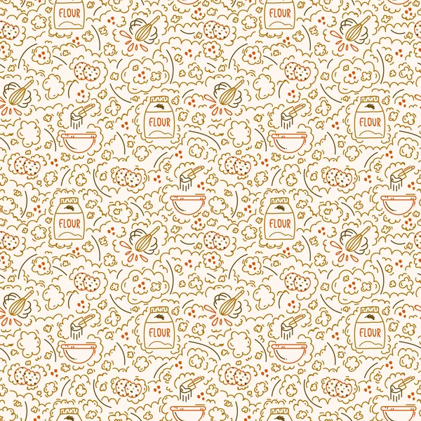 Ein Muster mit Zutaten für Backen und Sahne. Illustration von Mehl, Keksen, Schüsseln und Löffeln. Doodle Textur für Küchen- oder Backtextilien. — Stockvektor