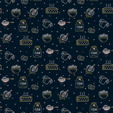 Pişirme ve krema malzemeleri içeren bir kalıp. Un, pasta, kase ve kaşık tasviri. Tekstil için karalama dokusu. Mutfak ve fırın için doğrusal vektör arkaplanı.