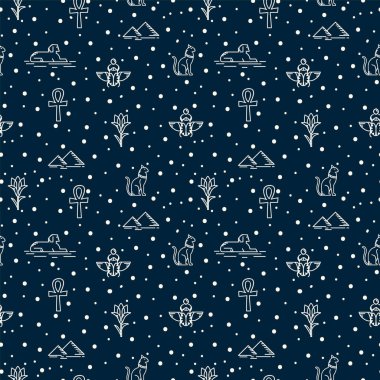 Mısır elementleriyle bir model. Tanrılar, kediler, çiçek ve karalama stilinde bir göz ile mitolojik geçmiş. Mısır motifli tekstil için vektör substratı.