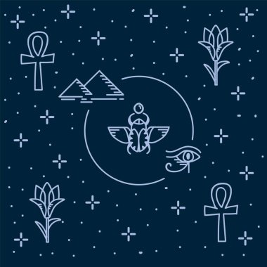 Kartpostalın Mısır unsurları. Eski ve antik dünyanın Mısır sembolleriyle modern tasarım. Tanrılar, Yaralılar, Gözler, Kediler, Anahtarlar ve Piramitler.