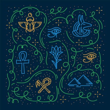 Antik Dünya 'nın Mısır elementleri ve motifleri. Tanrılarla, Scarab 'la, Gözle ve Piramitlerle bir illüstrasyon. Eski Mısır 'ın modern tasarımı..