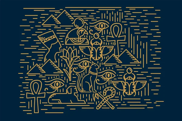 Elementos egipcios cartel oro. Una ilustración en un vector con los símbolos de Egipto del viejo. Dioses, escarabajos, ojos, gatos, llaves y pirámides. Patrón lineal del antiguo mundo de Egipto. — Vector de stock