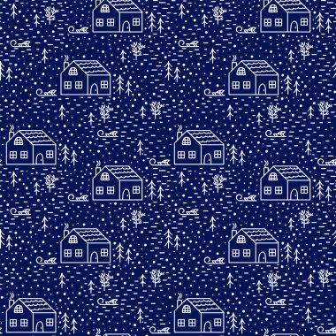 Ağaçlı kışlık evler. Ormanın ortasında güzel doğrusal evler. Kışlık ambalaj kağıdı dokusu.