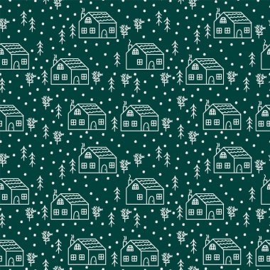 Evlerin yerleşimindeki desen. Ağaçlar ve kar arasında kışın resmedildiği modern bir arka plan. Kış gecelerinde kağıt sarmak için küçük şirin evler..