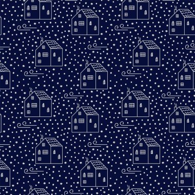 Şablon evlerle soyut. Kış köyünün resmedilmiş modern bir geçmişi var. Kış gecelerinde sarmak için kar çemberindeki bir evin deseni..