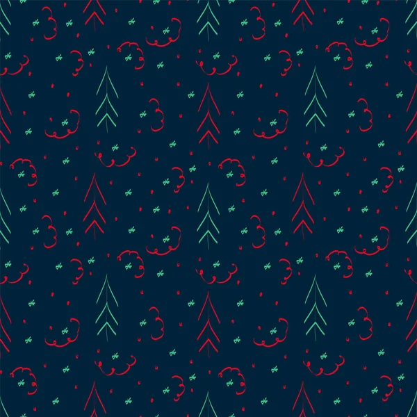 Patrón de Año Nuevo con árboles de Navidad y garabatos de nieve. Patrón navideño moderno. Patrón abstracto para papel de regalo navideño. Feliz Año Nuevo. — Vector de stock