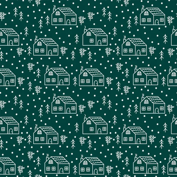 Le modèle avec la colonisation des maisons. Fond moderne avec une illustration de l'hiver parmi les arbres et la neige. Un modèle de petites maisons mignonnes pour envelopper du papier sur une nuit d'hiver. — Image vectorielle
