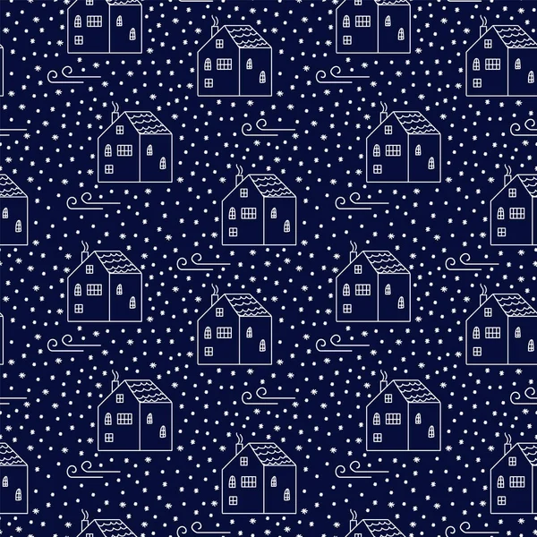 パターンは家で抽象的です。冬の村のイラストと現代的な背景。冬の夜の包装紙の雪の輪の中の家のパターン. — ストックベクタ