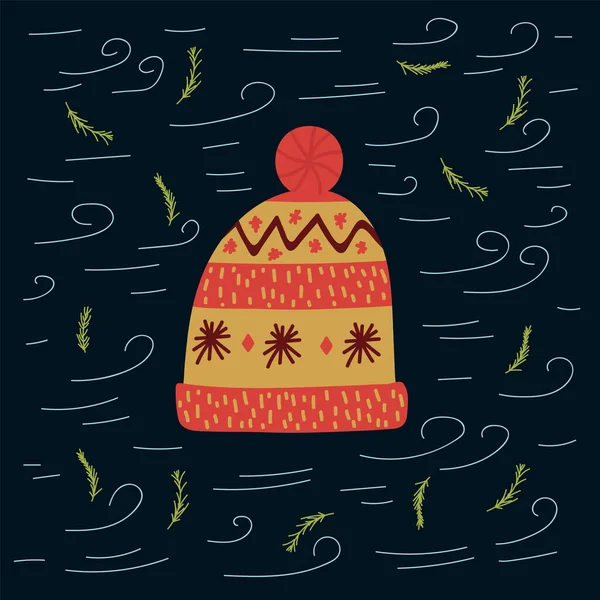 Um cartaz de roupas quentes. Roupa de inverno sazonal Chapéu com um ornamento de flocos de neve. Uma cobertura para a cabeça acolhedora e quente em um círculo de rabiscos de um cartão postal. —  Vetores de Stock