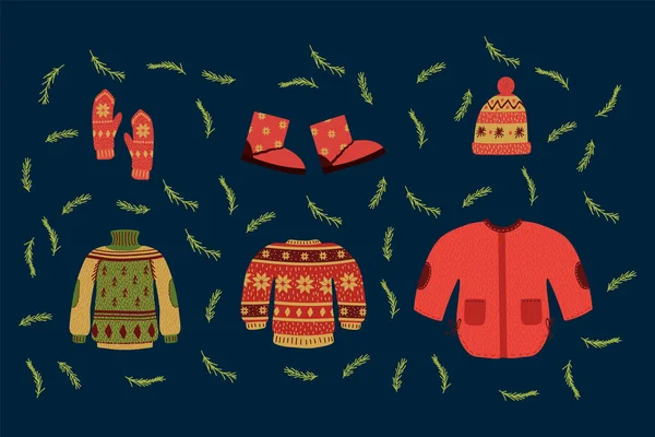 冬の暖かい服のセット。アウターウールジャンパー、セーター、コート、冬のブーツ、スカーフ、帽子、ミトン。冬服コレクション。. — ストックベクタ