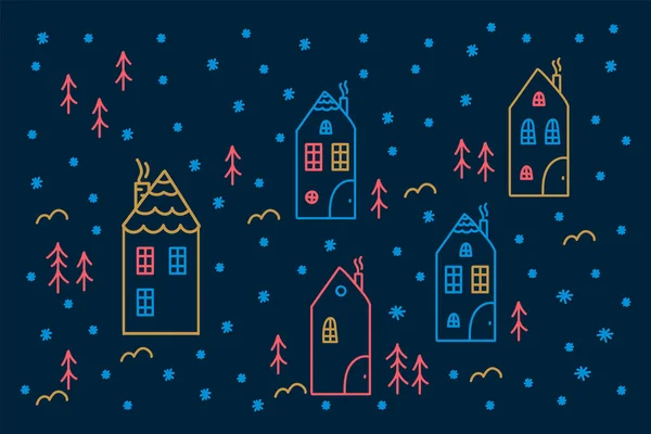 Eine Illustration mit farbigen Häuschen und Weihnachtsbäumen. Schöne lineare Hintergrund eines Hauses, Kiefern, Bäume in einem Kreis von Doodle. Vector Niedliche Häuser im Winter für ein Poster. — Stockvektor