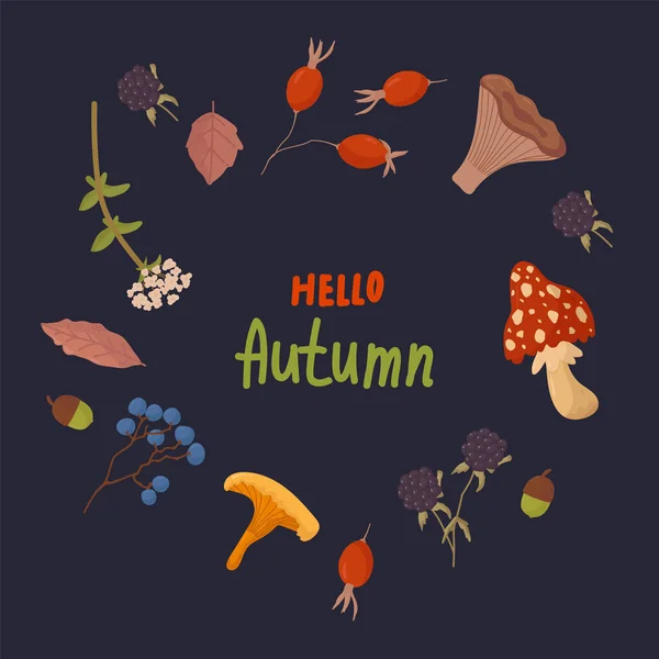 Plakat mit Beeren und Waldpilzen. Natürliche Bio-Pflanzen für Postkarten. Text Hallo Herbst, in einem Kreis aus Laub, Pilzen, Beeren, Pflanzen, Blumen, Natur auf dunklem Hintergrund. — Stockvektor