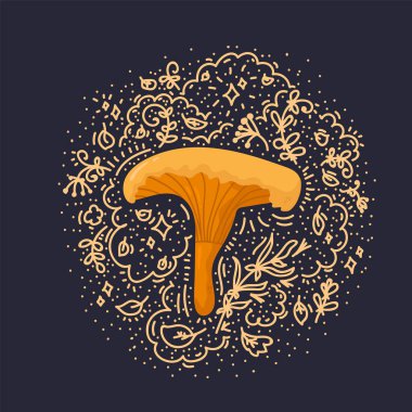 Karalama çemberinde yenilebilir mantarlı vektör deseni. Yiyecek ambalajı tasarımı için güzel bir çizim. Koyu arkaplanda mantar ve bitkilerle sonbahar deseni.