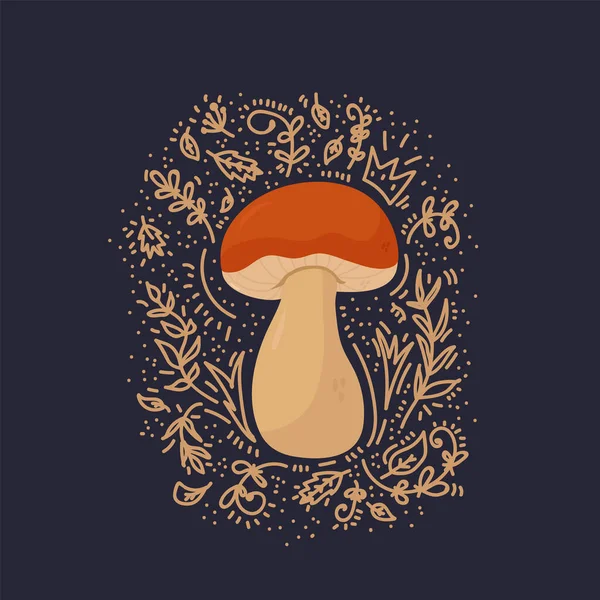 Egy illusztráció egy vad gomba egy kör firka rajz. Gyönyörű háttér a csomagolás tervezéséhez. Őszi minta gombával és növényekkel sötét alapon. — Stock Vector