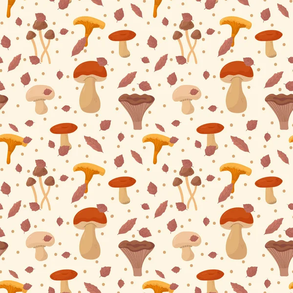 Fundo de outono com cogumelos selvagens. Textura sazonal com cogumelos comestíveis. Texturas naturais de doodle para têxteis. — Vetor de Stock