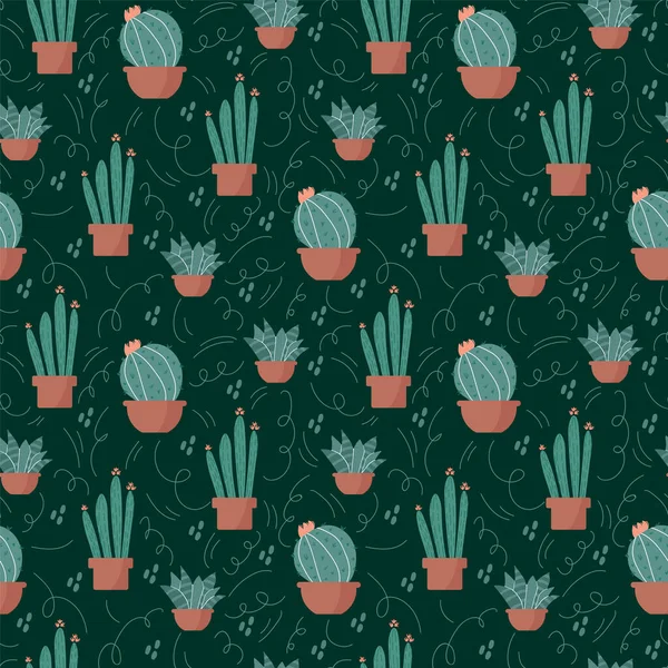 Een patroon uit Mexico met cactussen. Woonplanten in een pot voor modieus textiel. Vector leuke achtergrond met botanische planten. — Stockvector