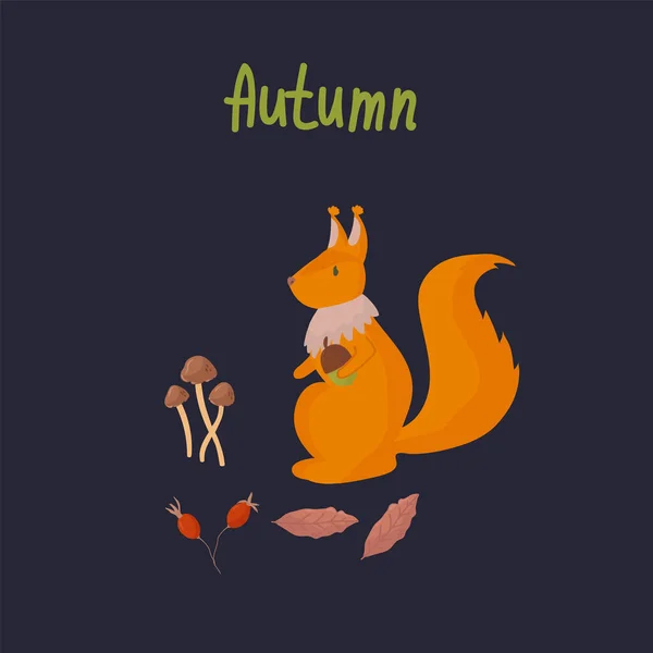 Otoño Animales del bosque Ardilla. Un animal salvaje en el bosque entre hongos y follaje. Un póster con elementos de diseño Forest. — Vector de stock