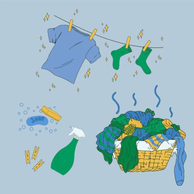 Çamaşırhane için bir dizi resim. Kirli çamaşırları olan çizgi film sepeti. Tişört, temiz çoraplar. Toz, deterjan, sünger. Bir çamaşırhane için vektör illüstrasyonu.