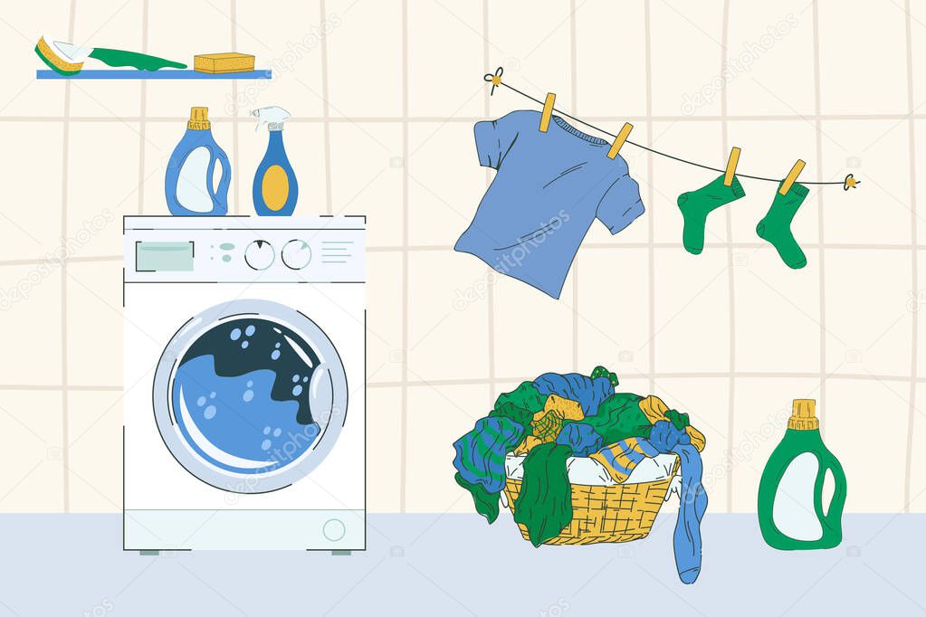 Illustration of a laundry room. Cartoon washing machine. A basket with dirty laundry. T-shirt, socks are clean, dry. A product for a laundry room or service.
