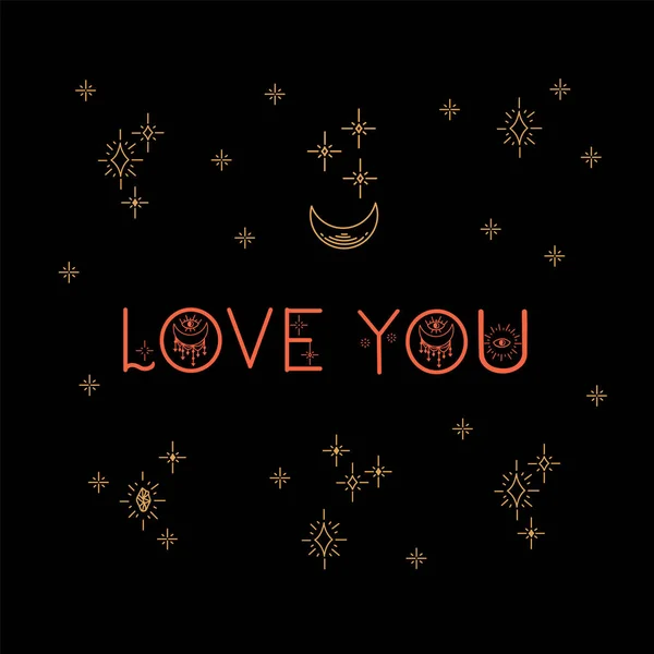新年の挨拶カード私はあなたが大好きです。あなたの愛する人のための月と星の輪の中でクリスマス. — ストックベクタ