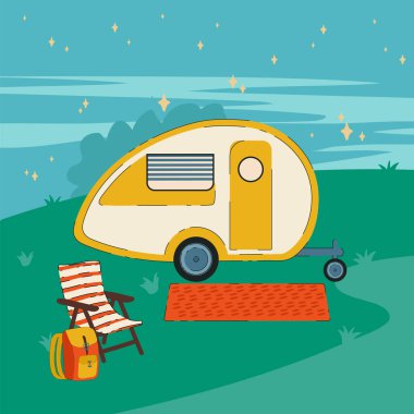 Tekerlekli karavanın gece çizimi. Ev için karavanı olan bir poster. Bir araç, kamp yapan arabalar, karavanlar, seyyar evler. Taşra tatili için taşınabilir ev kavramı.