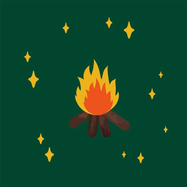 Kamp için poster kampı ateşi. Ormanda rahatlamak için çizilmiş bir ateş çizimi. Karalama yıldızları çemberinde kamp yapmak.. — Stok Vektör